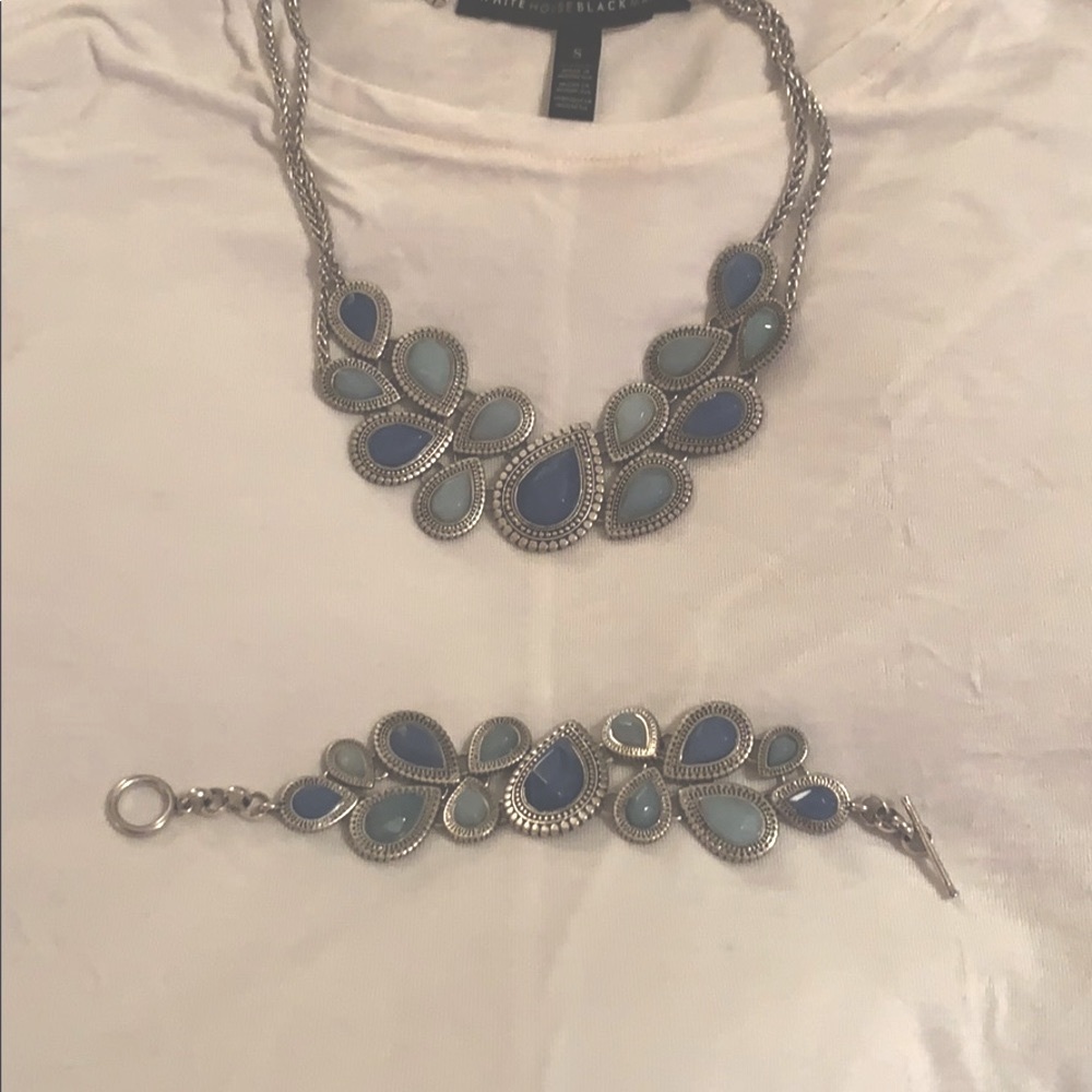 Lucky Brand Silver Necklace and Bracelet Set with Blue and Light Blue Stones
